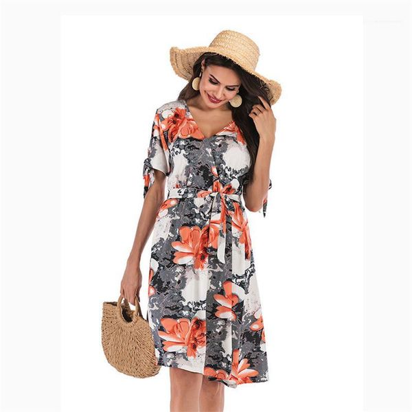 

fashion casual summer womens clothing womens designer flora printed dresses v-neck short sleeve long dresses, Black;gray