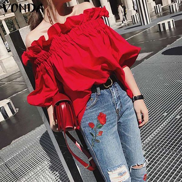 

bohemian tunic off shoulder blouse women ruffle sleeve beach shirts vonda summer plus size blusas femininas 200924, White