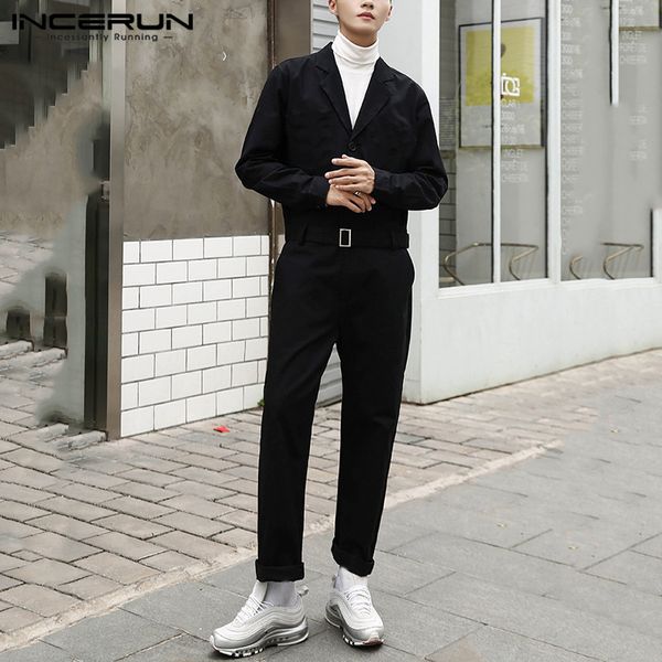 

men's pants incerun men long sleeve jumpsiuts buttons up bib loose solid color street style romper pockets cargo suspenders with belt7, Black