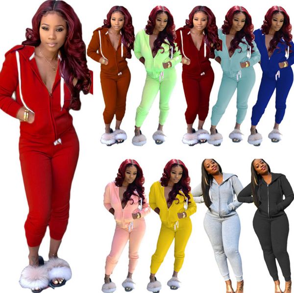 

fall winter women 2 two piece clothing zipper hooded jacket leggings pants tracksuits with pockets outfits set sweatsuits jogging clothes p6, Gray