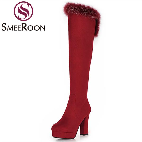 

smeeroon large size 34-43 new knee high boots women round toe thick high heels red color winter snow boots wholesale, Black