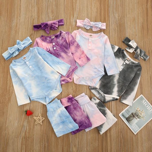 

baby boys girls tie dye clothing sets long sleeve romper+pants+bow heabands 3pcs/set boutique infants cotton outfits, White