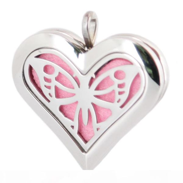 

heart big butterfly 36mm aromatherapy essential oil surgical stainless steel perfume diffuser locket necklace with chain and 10pcs felt pads, Silver