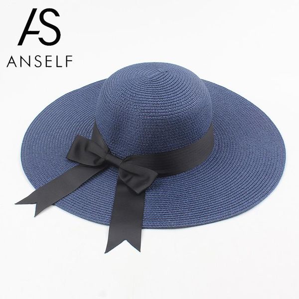 

2020 summer fashion beach hats women summer sun hat straw hat wide brim elegant ribbon bow dome panama vintage boho holiday cap, Blue;gray