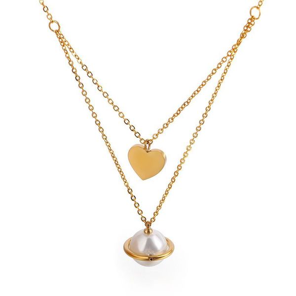 

chains heart with shell pearl double pendants stainless steel chain necklace women choker collar bijoux collier friend, Silver