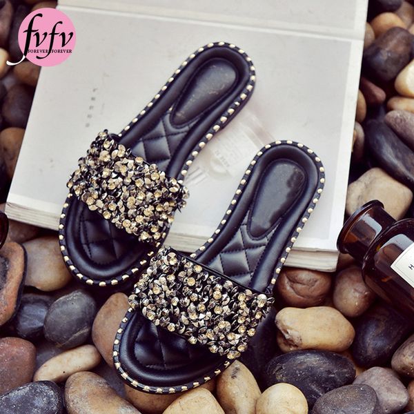 

fvfv]wild women shiny slipper summer casual crystal rhinestone beach flat shoes fashion flip flop non-slip outdoor sandal lady, Black