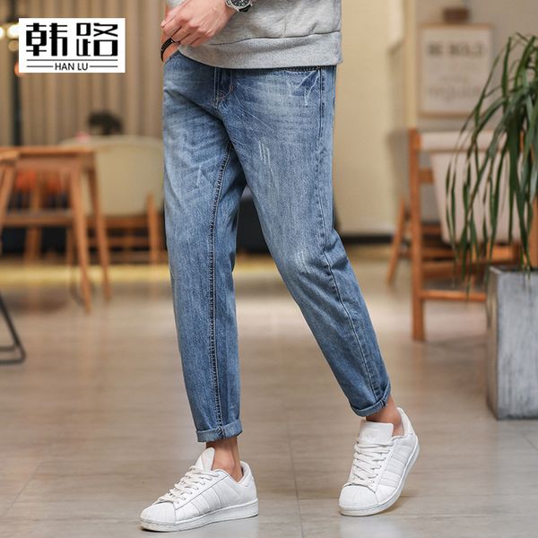 

2020 pure color of men's fashion cat claw feet nine minutes of pants jeans new cultivate one's morality, Blue