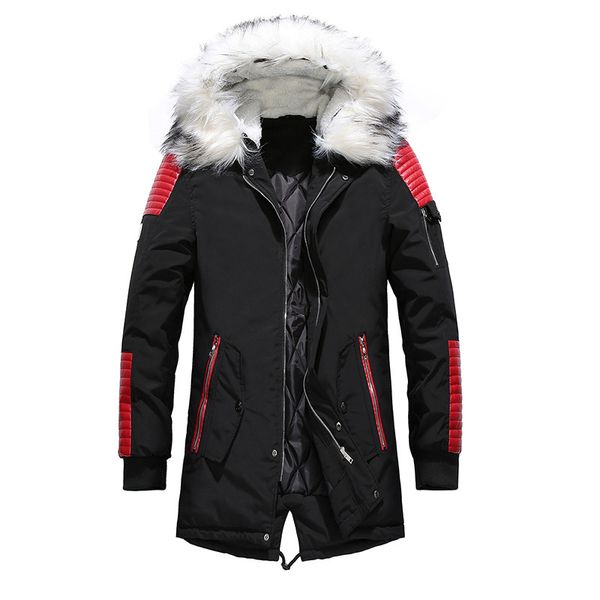 

bolubao men parka fur hooded coat winter men warm parka long sleeve wadded windbreaker coat male parkas fleece overcoat, Black