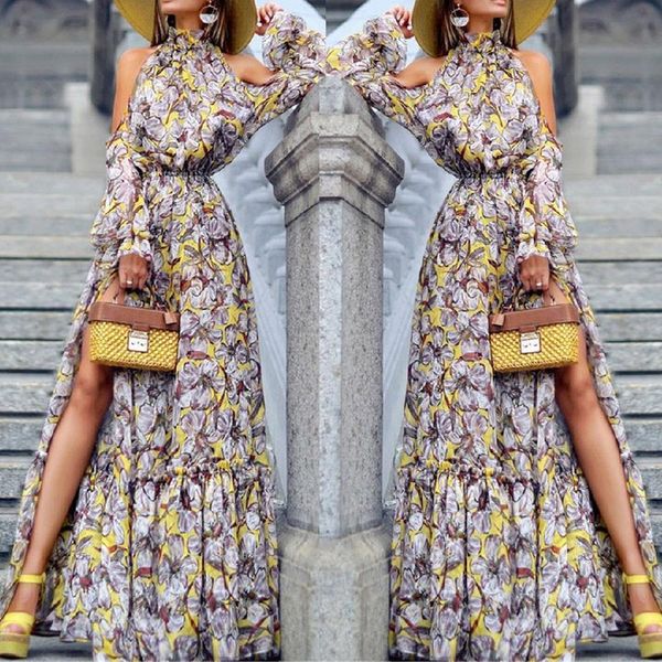 

bohemian print long dress vestidos de festa fashion womens sleeve off shoulder printed evening turtleneck dresses#8, Black;gray