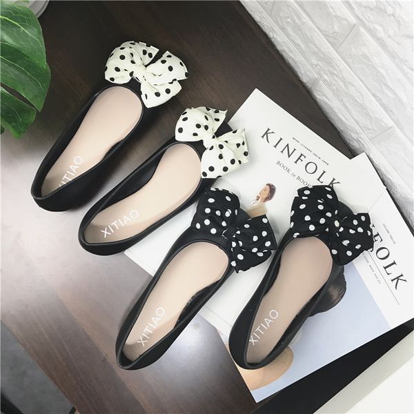 

sweet butterfly-knot polka dot basic slip-on pumps for women casual with low heel ladies pumps square toe pvc single shoes, Black