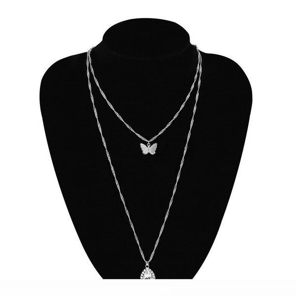 

popular creative jewelry fashion peach heart crystal pendants elegant butterfly double necklaces clavicle chain, Silver
