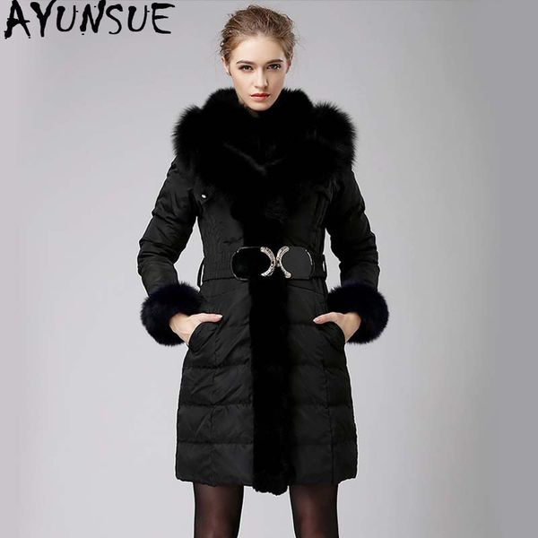 

ayunsue 2020 european winter down jacket woman hooded big thick fur collar long coat women's jackets parka camperas kj723, Black