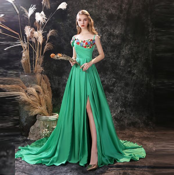 Seitlich geteilte grüne Ballkleider mit Spaghettiträgern, Blumenstickerei, günstiges Abendkleid, Satin, echte Bilder, Partykleidung, Robe de Soiree