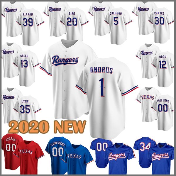 

2020 baseball jersey rangers 1 elvis andrus 13 joey gallo 34 nolan ryan 7 ivan rodriguez 4 dak prescott 3 delino deshields 12 rougned odor, Blue;black