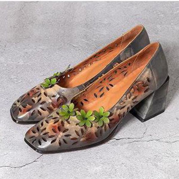 

yourseason square toe genuine leather 2020 women pumps high heels new spring autumn hollow ladies retro flower shoes slip on, Black