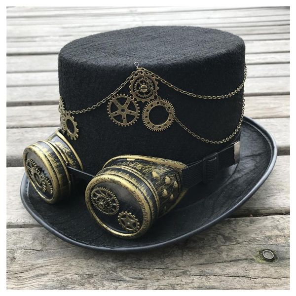 

men women retro handmade steampunk hat with gear glasses stage magic hat size 57cm, Blue;gray