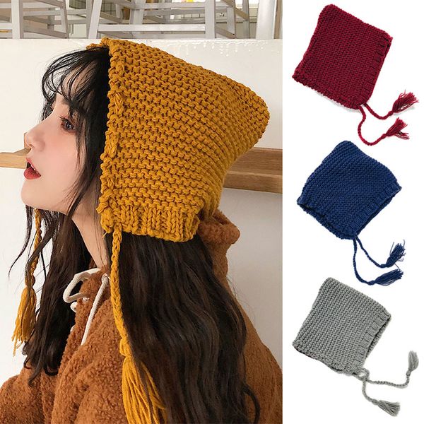 

japanese style knitted hat warm detachable hooded hat for autumn winter students women h9, Blue;gray