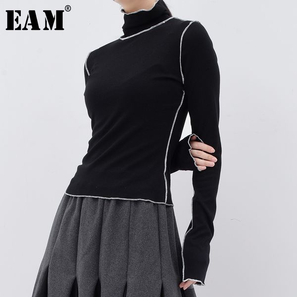 

eam] women black line split joint slim leisure t-shirt new turtleneck long sleeve fashion tide spring summer 2020 je15501, White