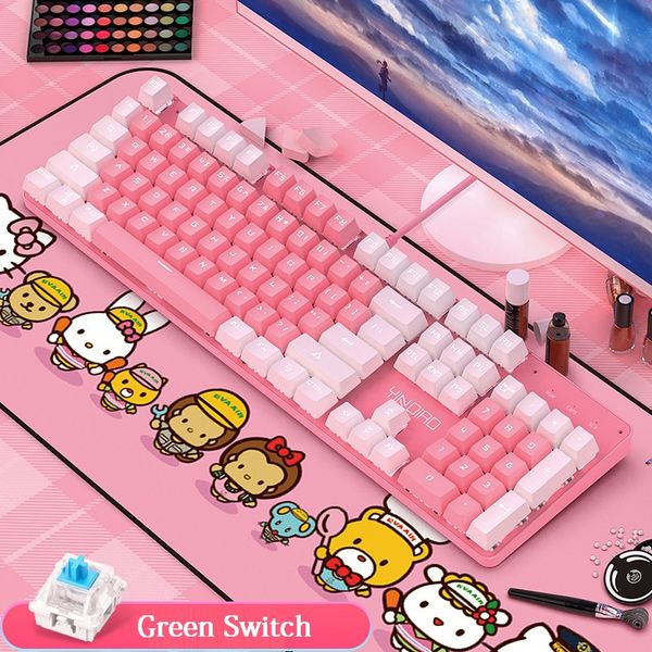 

keyboards round retro punk keyboard pink mechancial white backlit 104 keys green switch keycaps wired usb for notebook