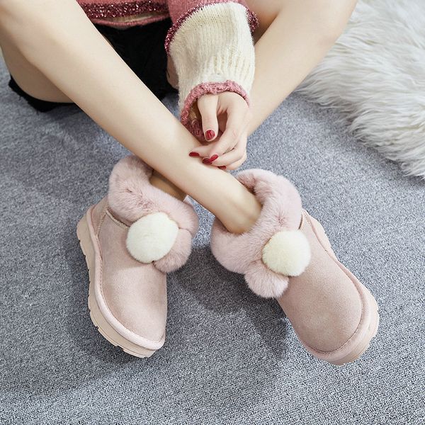 

cute ankle boot genuine leather snow boots fur ball boots women's shoes flat cotton warm shoes, Black