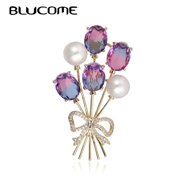 

blucome shiny cubic zircon flower bow shape brooches women men special design simulated pearl copper wedding bouquet brooch pins, Gray