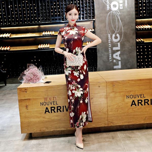 

mandarin collar female chinese style dress qipao burgundy satin side split long cheongsam print flower vintage button vestidos, Red