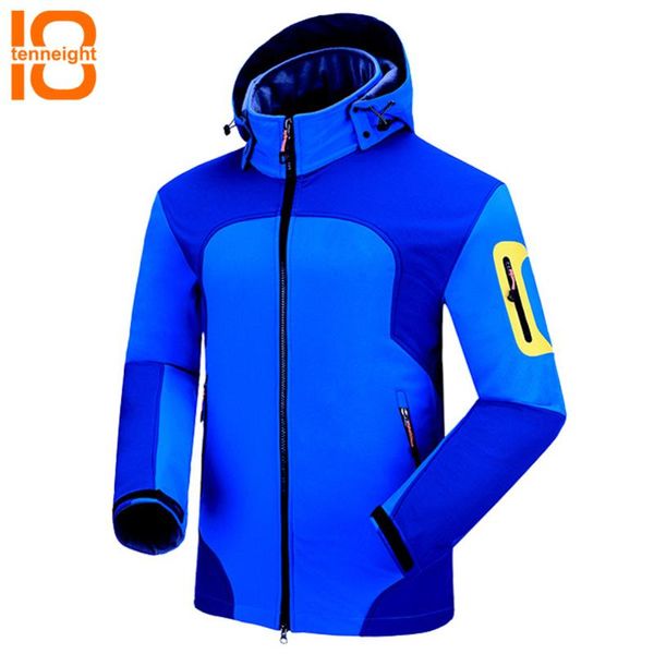 

tenneight men's waterproof soft shell jacket warm outdoor hiking jacket male sport fleece rain coat camping trekking windbreaker, Blue;black