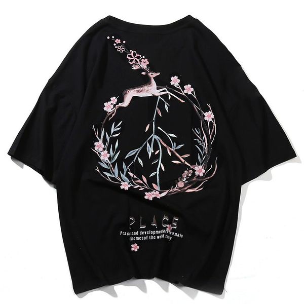 

screen printing deer cherry men t shirt harajuku t-shirt short sleeve hip hop o neck t-shirt tshirt man, Black