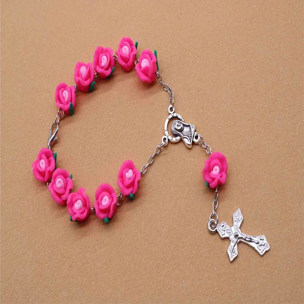 

bangle fashion soft ceramic beads handmade beaded cross bracelet rosary, virgin mary center christ jesus pendant, Black