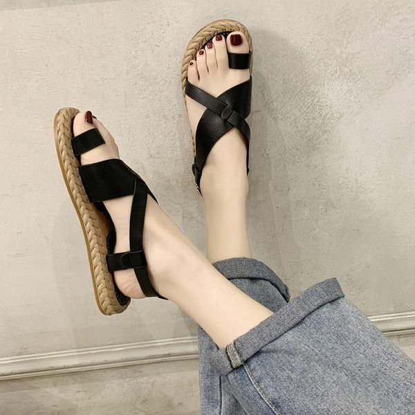 

женская обувь платформы сандалии соломы толстым дном дамы сандалии peep toe пляж плоский пряжка летняя обувь женщина, Black