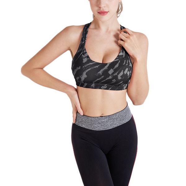 

2020 sport women female summer new camouflage no steel ring shockproof professional sports bra yoga running cross back underwear, White;black