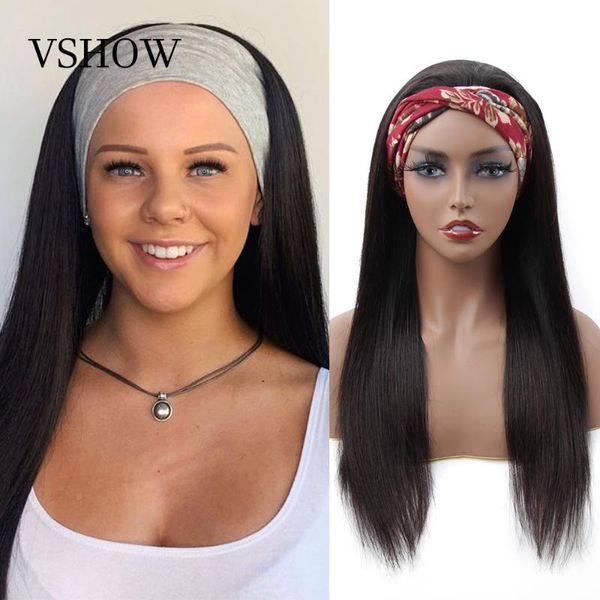 

headband wig human hair remy brazilian water wave wig natural color glueless for women vshow hair wigs with headband, Black;brown
