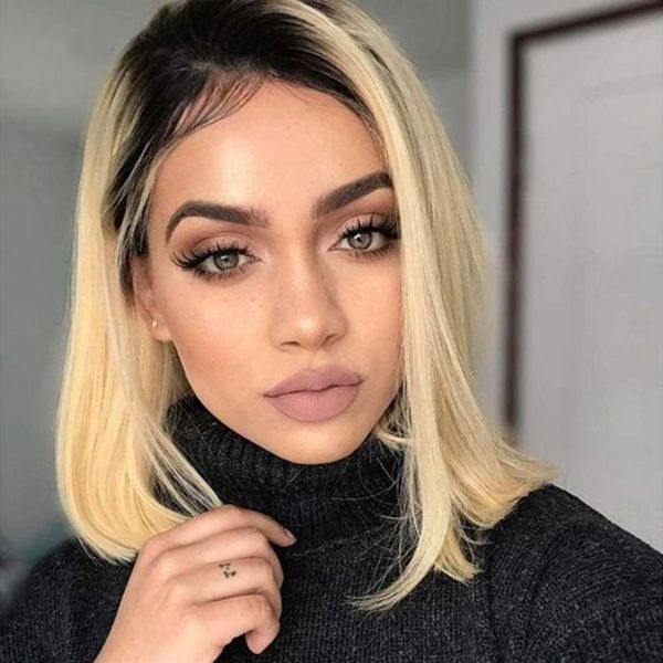 

malaysian straight hair wig blonde t1b/613 remy human hair lace front wig 130% density short bob wigs natural hairline, Black;brown