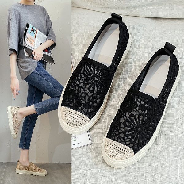 

summer new fashion mesh (air mesh) loafers casual solid slip-on round toe shallow kick lace breathable shoes woman, Black