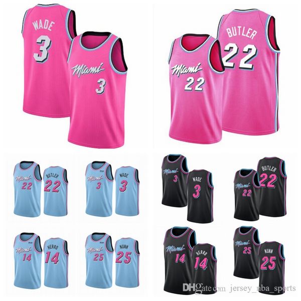 

Men Youth Miami Heat Dwyane Wade 22 Butler 14 Herro 25 Nunn Blue Pink Black 2019/20 City Edition NBA Player Jersey 04