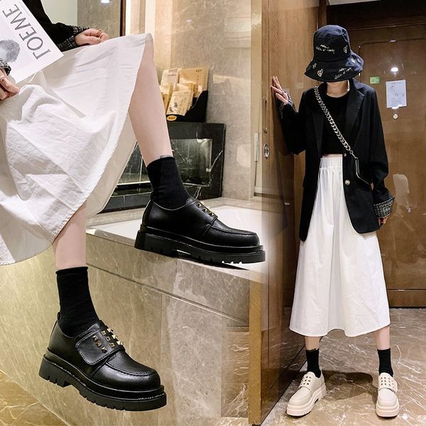 

2020 весной и осенью мода все-матч небольшие кожаные туфли квадратный носок женщин толстой подошве увеличилась одиночные ботинки x415, Black