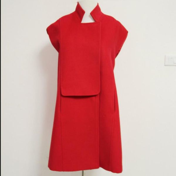 

autumn winter fashion red sleeveless cloak woolen coat women stand collar wool blends coat, Black