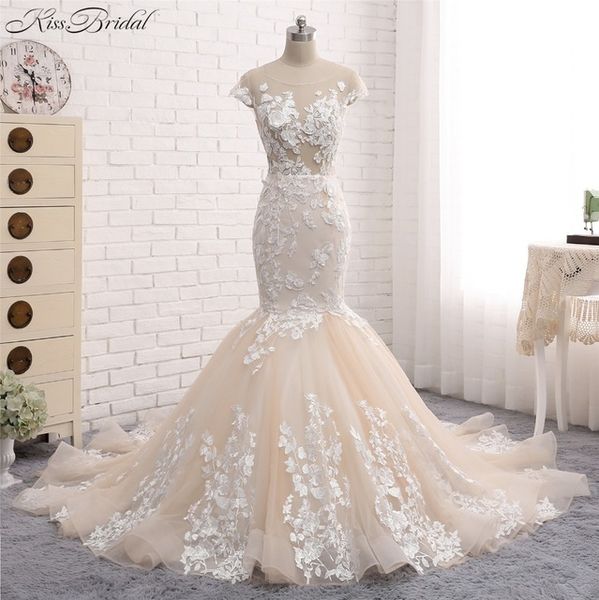 

New Sexy Long Wedding Dress Scoop Neck Sleeveless Chapel Train Appliques Lace Tulle China Bridal Gowns Vestido de noiva