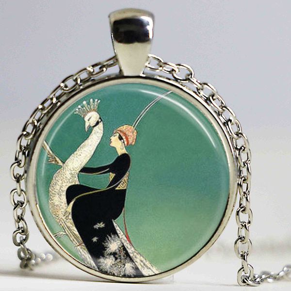 

art deco jewelry woman on white peacock green peacock necklace pendant, Silver