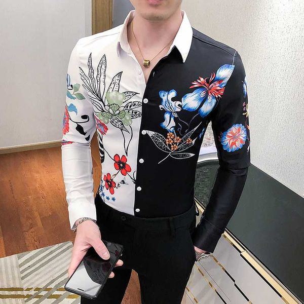 

floral shirts men long sleeve camisa masculina splicing casual slim fit dress shirts social party nightcliub streetwear clothing, White;black