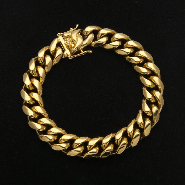 

mens stainless steel bracelet link chains width 8mm 10mm 12mm 14mm 20.5cm yellow gold plated steel cuban bracelet for men hip hop, Black