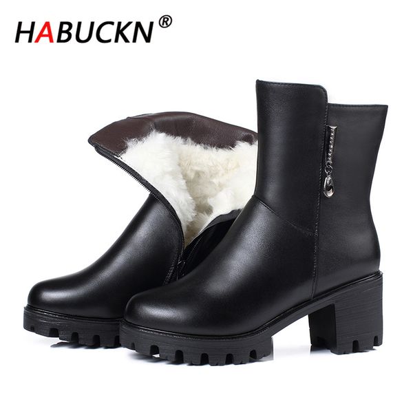 

habuckn 2020 new winter mid calf boots women black real leather platform high heel warm wool snow boots women big size 42 43