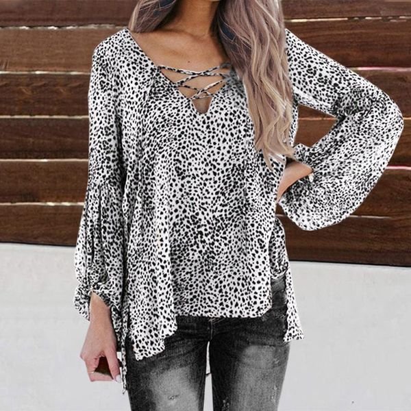 

2020 casual shirts women v-neck full lantern sleeve leopard print and blouses fashion womens blouse with lace plus size, White