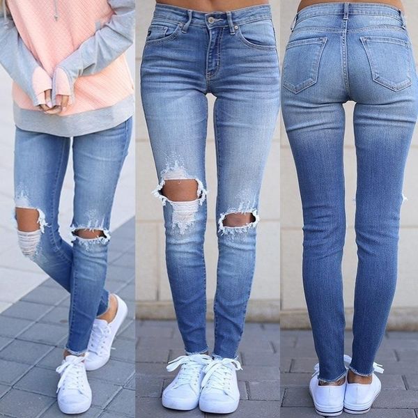 

pants designer knee holes womens jeans fashion watched blue pencil pants casual autumn high waist denim