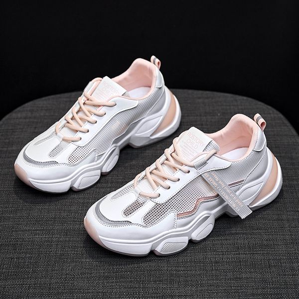 

women casual sports shoes, breathable mesh, 2020 new fashion thick bottom absorption, light and comfortable running shoes, Black
