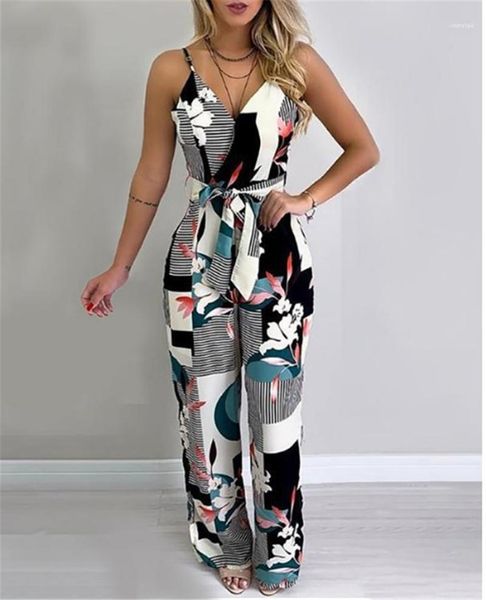

bodysuit casual loose full length pants fashion female rompers florals v neck womens jumpsuits sashes backless camisole summer, Black;white