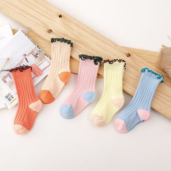 

20-year new style for autumn and winter wooden ear girls socks tube childrens socks bunching socks lace childrens combed cotton, Pink;yellow