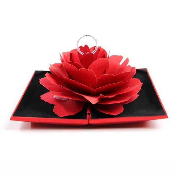 

3d rose flower ring box 3d pop up spinning rings holder jewelry case black red gold 12*6.5*1.8cm grace marry wedding box, Black;white