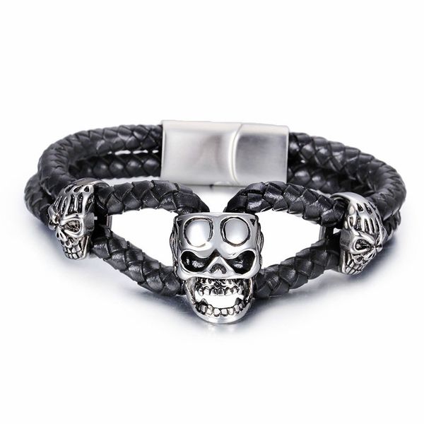 

link, chain men's gothic leather bracelet fashion 22cm stainless steel charm personalised biker punk accessory, Black