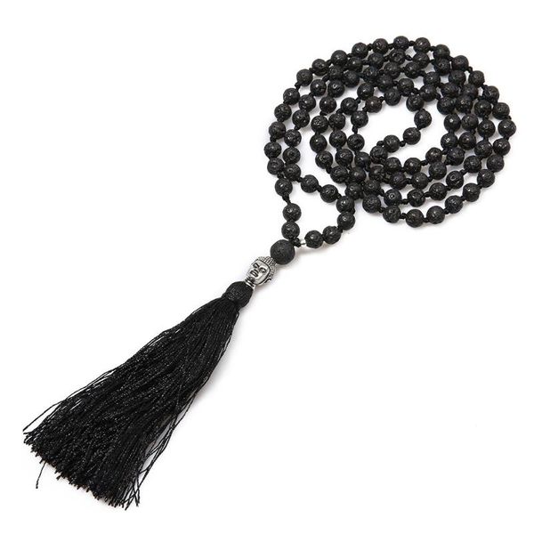 

showboho 108mala6mm volcanic stone handmade knotted beaded necklace buddha head meditation yoga pendant lover gift amulet, Silver
